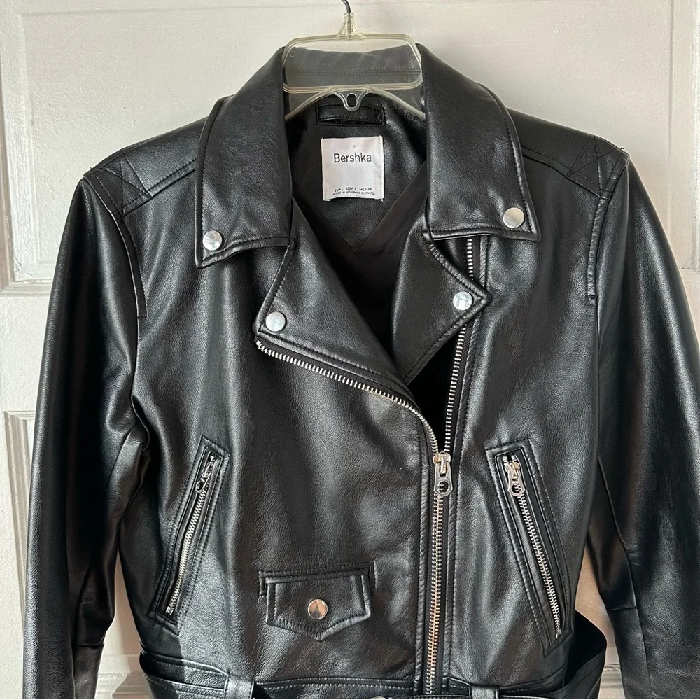 Bershka Black Faux Leather Biker Moto Jacket‎ Full Zip Grunge Lg NWOT - Picture 6 of 15